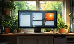 the desktop computer is on the desk near many potted plants
