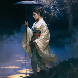 a woman holding an umbrella standing near a body of water