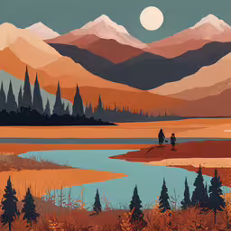 a painting of two people walking near a lake,two people walking through a field with mountain and lake views