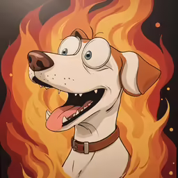 cartoon character dog with orange fire blazing behind it