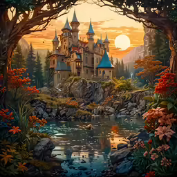 the painting shows a castle surrounded by flowers
