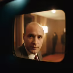 a man with a suit and tie is looking out a window