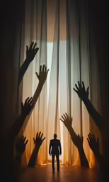 a group of hands reaching toward a window