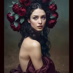 a beautiful woman with long dark hair and red flowers on her head wearing a dress