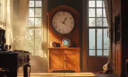 a clock is in the corner of a sunlit room