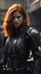 a woman in a black suit standing near a building,a very pretty girl with red hair wearing a black suit