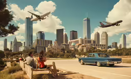 a blue classic car is parked next to a curb while people are sitting on benches looking at a large, airplane flying over the city