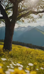 a sunny tree sitting in the grass surrounded by mountains