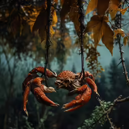 a crab shaped bird feeder hanging in a tree