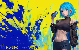 a anime girl is standing against a bright blue and yellow background