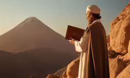 man dressed in a white and tan outfit standing on a rock