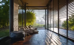 the inside of a house with glass walls, wood floors and lots of cushions
