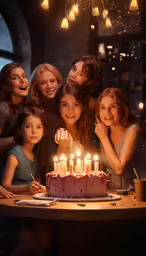 group of women looking at birthday cake lit with candles