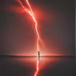 the person stands alone in front of a striking sunset