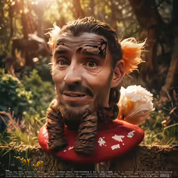 a young man with a fake mohawk wearing a wig, a red shirt and a red cap