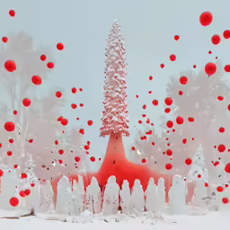 the trees are red and white in the snow