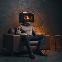 the man sits on a couch and uses a fire