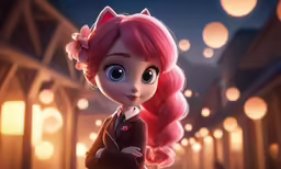 cartoon character with pink hair wearing a dress and bow