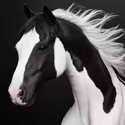 a black and white horse with long hair