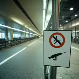 this is a sign on the post indicating no guns or guns