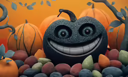 a pumpkin surrounded by halloween rocks and candy