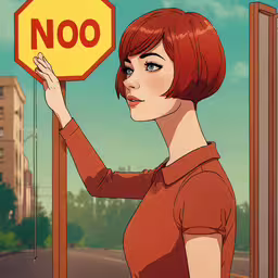 cartoon girl holding up a sign with the word no on it,there is a woman holding a street sign
