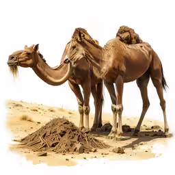 the two camels are standing near each other