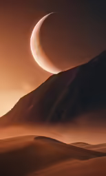 the moon is seen rising behind a rocky hill