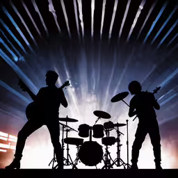 the silhouettes of musicians in front of an orange and blue sunset,silhouettes of the three male guitarists with the same musical performance