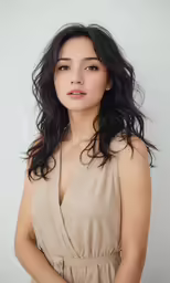 a woman wearing a dress standing and looking at the camera