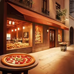 a pizza sitting on top of a table in front of a building