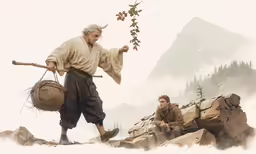 the man with the bag is walking on rocks