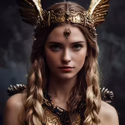 a woman with golden wings and a crown