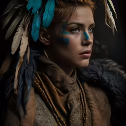 the young woman with blue face paint has feathers in her head