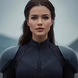 a woman wearing black is standing near a building