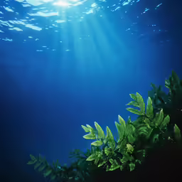 the green foliage is in the blue water