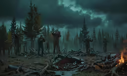people standing around a campfire with a few logs and burning