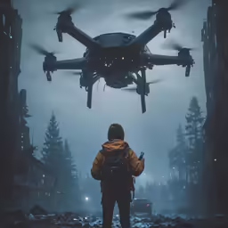 a man with a back pack is standing in front of a large black object in the air