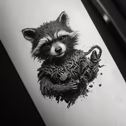 black and white drawing of a raccoon holding something