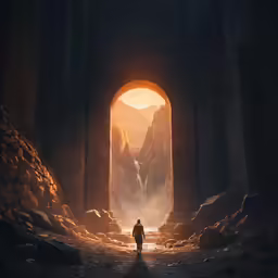 person in front of archways towards mountains during sunrise