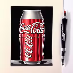a painting of a coca - cola can with a pen by it,this painting is very large and has coca cola