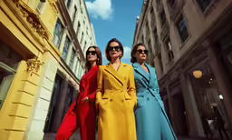 a group of three women are standing in the street together
