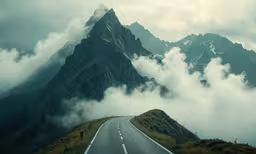 a road through a valley on a hill covered with low hanging clouds