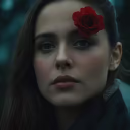 a woman has a red rose pinned in her hair