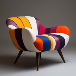 a colorful chair with wooden legs and a black wooden seat