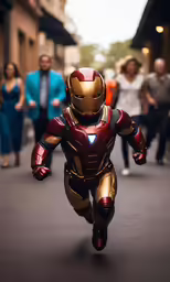 a small robot running down a street near a group of people