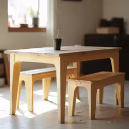 a wooden table with two stools next to it