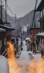 an image of a village during winter with orange smoke