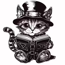 a cat reading a book wearing a top hat and holding an owl book,a cat in a top hat is reading a book