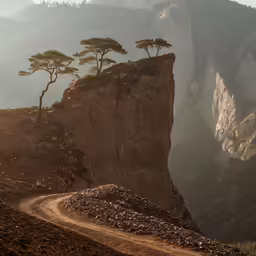 trees growing on the cliff top above a rocky trail